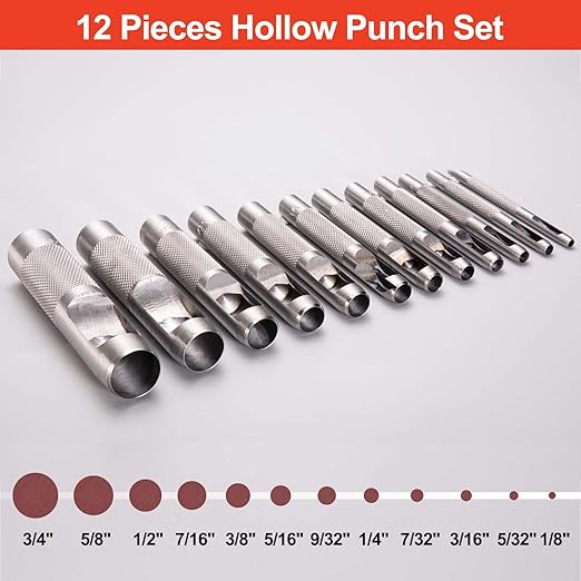 Spurtar 12 PCS Steel Hollow Leather Punch Set 1/8''-3/4''(3-19mm) Heavy Duty Round Hole Punch Set Leather Hole Tool for Watch Cloth Belt Gaskets w/Storage Bag
