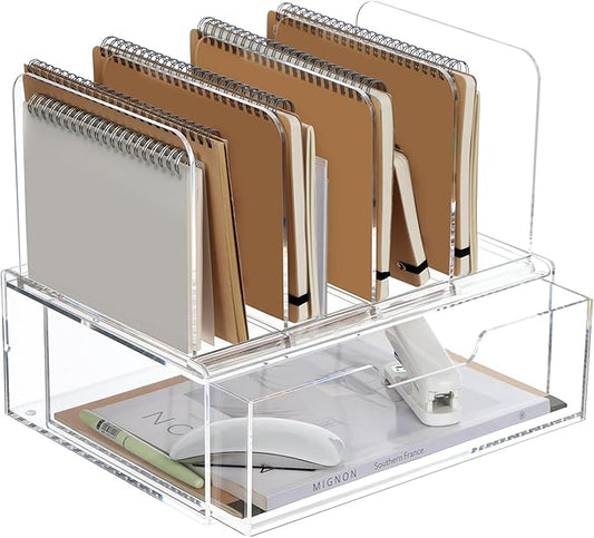 DINGHUO Acrylic Desk Organizers and Accessories, Clear Paper File Folder Organizer Letter Tray Sliding Drawer with 4 Upright Sections File Holder, Office Supplies Workspace Organizers - 1 Pack