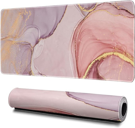 Rose Gold Marble Mouse Pad Abstract Marble Mouse Pad 31.5x11.8 Inch Texture Non-Slip Rubber Base Large Mousepad Stitched Edges Keyboard Mouse Mat Desk Pad for Office and Home