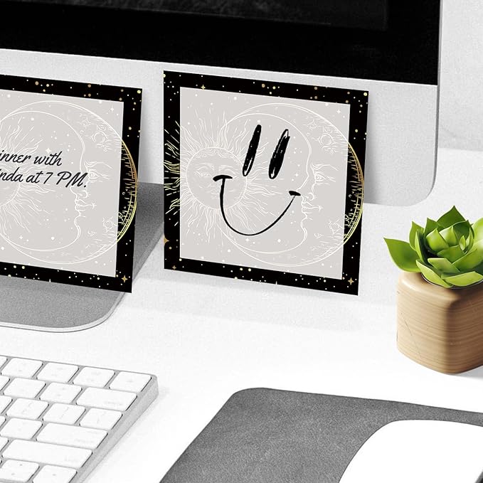 Sticky Notes, 2 Pads, 3x3 inches, Cute Colorful Fun Self-Stick Note Pads, Easy Post, Strong Adhesive Notepad Black Gold Tarot Moon