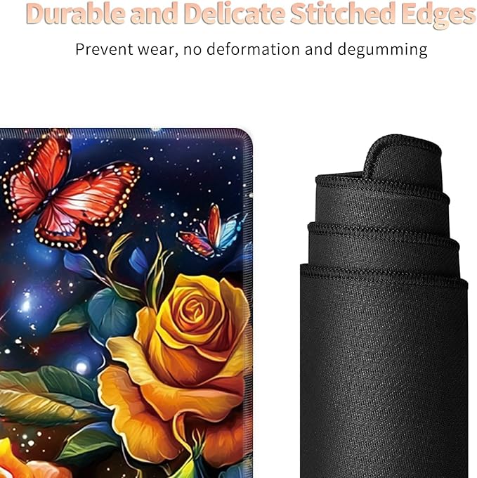 Desk Mat Large Gaming Mouse Pad (31.5x11.8 inch) with Stitched Edges, XL Mouse Pad +Coaster, Extended Mouse Mat Keybroad Mousepad Non-Slip Rubber for Gamer Men Women, Butterfly Color Roses