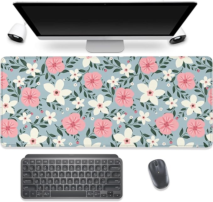 Retro White Pink Flowers Desk Pad Mouse Pad,Extended Large Gaming Floral Mouse Mat with Stitched Edges,Non-Slip Waterproof Rubber Base Mousepad for Office Work Home Desk Mat(27.5X11.8 in)