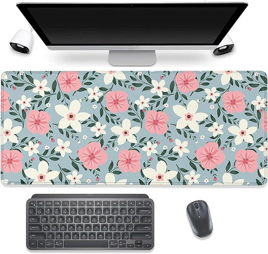 Retro White Pink Flowers Desk Pad Mouse Pad,Extended Large Gaming Floral Mouse Mat with Stitched Edges,Non-Slip Waterproof Rubber Base Mousepad for Office Work Home Desk Mat(27.5X11.8 in)
