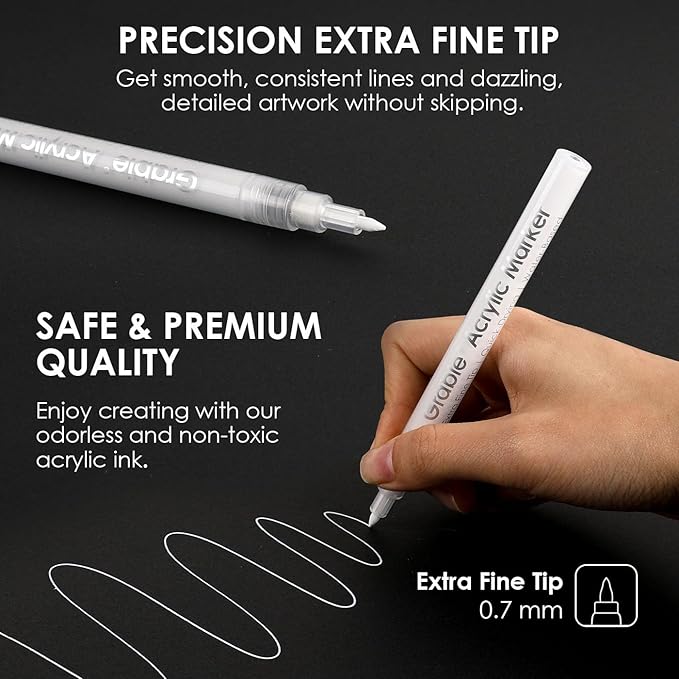 Grabie 6 White Extra Fine Tip Acrylic Paint Marker Set, 6 Pack, 0.7mm Acrylic Paint Pens for Highlights, Highlight Markers (6 White Acrylic Markers)