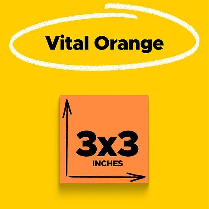 Post-it Super Sticky Notes, 5 Sticky Note Pads, 3 x 3 in., School Supplies, Office Products, Sticky Notes for Vertical Surfaces, Monitors, Walls and Windows, Vital Orange