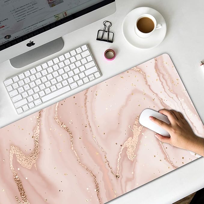 Extended Gaming Mouse Pad (31.5x11.8 in), Large Non-Slip Rubber Base Mousepad,Keyboard Mouse Mat Desk Pad for Work, Game, Office, Home -Rose Gold Watercolor Stripes Pink Marble（NO Glitter）