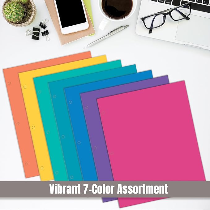 2 Pocket Folders, Assorted 7 Vibrant Colors with Complementing Interior Colors, Fits Letter Size Paper, for School, Office, Home (3 Hole Punched, 50)