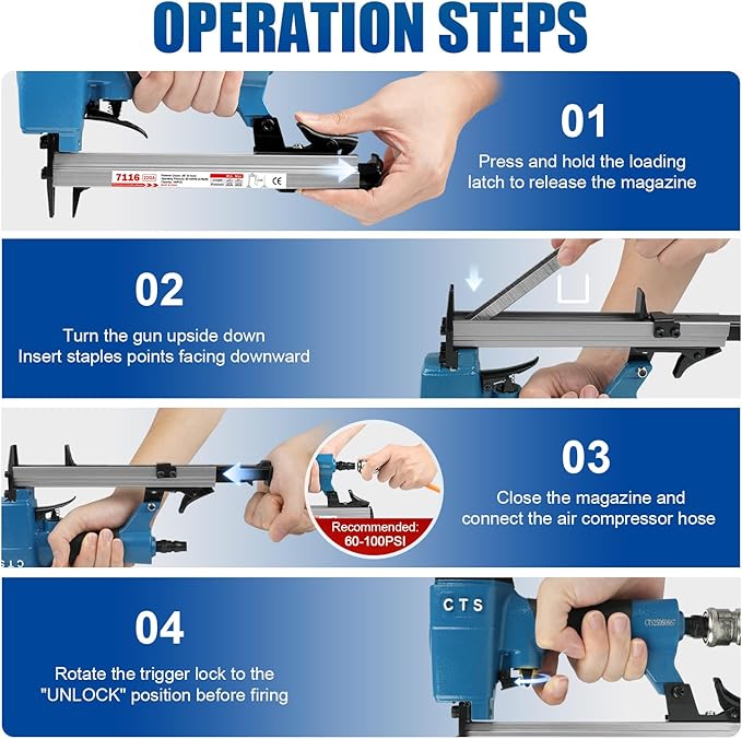 CTS 7116 Pneumatic Upholstery Staple Gun for 22 Gauge 71 Series 3/8" (9 mm) Crown 1/4" to 5/8" (6.0-16.0 mm) Length Staples, Air Stapler for Furniture and Interior Decoration