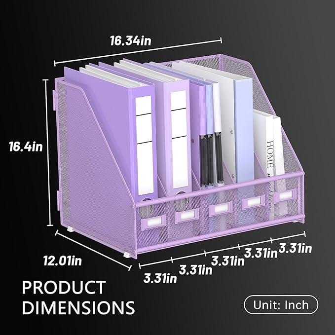 DALTACK Desk Organizers Metal Magazine File Holder with 5 Vertical Compartments Folder Storage Binder Organizer for Office Home School Organization, Purple Plus
