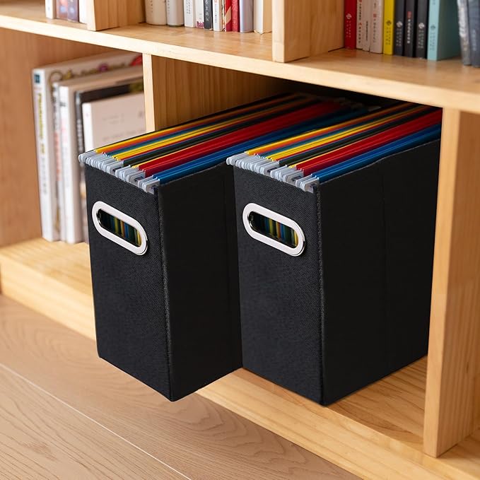 2 Packs Letter Size File Organizer, File Folders Organizer, Fabric Storage Box, Collapsible Paper Organizer with Metal Handle, Smooth PVC Rails, Only Box (Black)