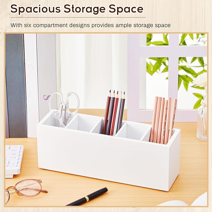 Jetec Wooden Pencil Holder 5 Compartments for Desk Adjustable Pen Holder Wood Office Desk Organizers and Accessories Makeup Brush Organizer for Pen, Home, Office and Art Supplies (White)