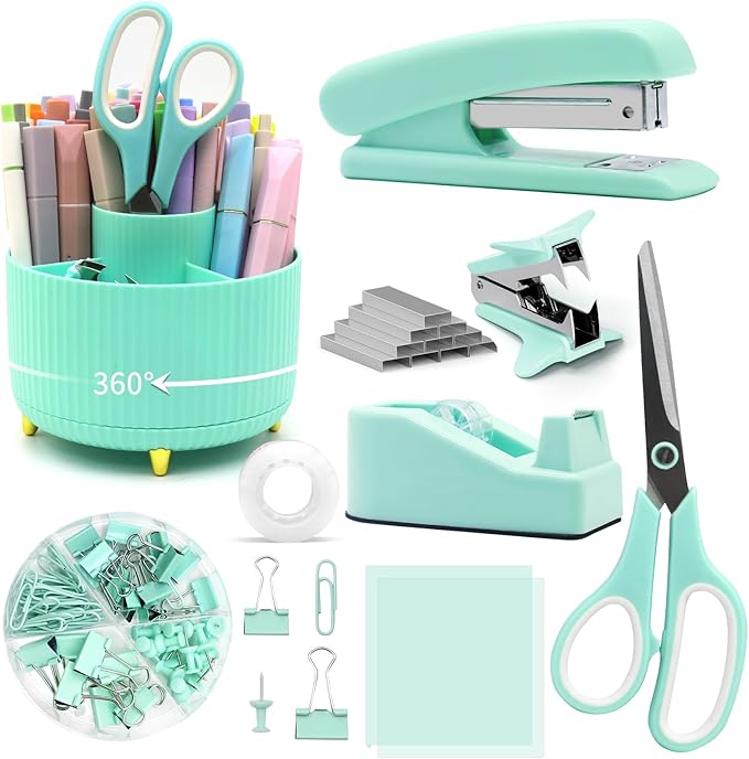 Green Desk Accessories, Rotating Pen Holder Set,Green Office Supplies with Stapler and Tape Dispenser Set, Gifts for Office Clerks,Student