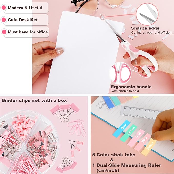 Pink Office Supplies, Pink Desk Accessories for Women, Cute Stapler and Tape Dispenser Set- Staple Remover, Clips, Staples, Scissor, Knife, Ruler, Tabs, Gift for Coworkers, Students