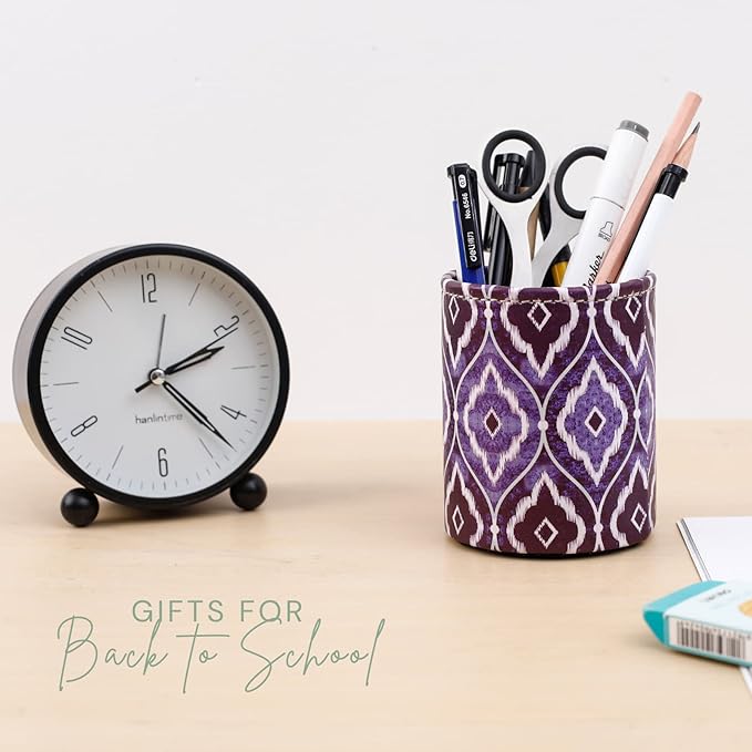 Desk Organizers, PU Leather Makeup Brush Holder for Cosmetics Office Supplies, Blue Ikat PH87