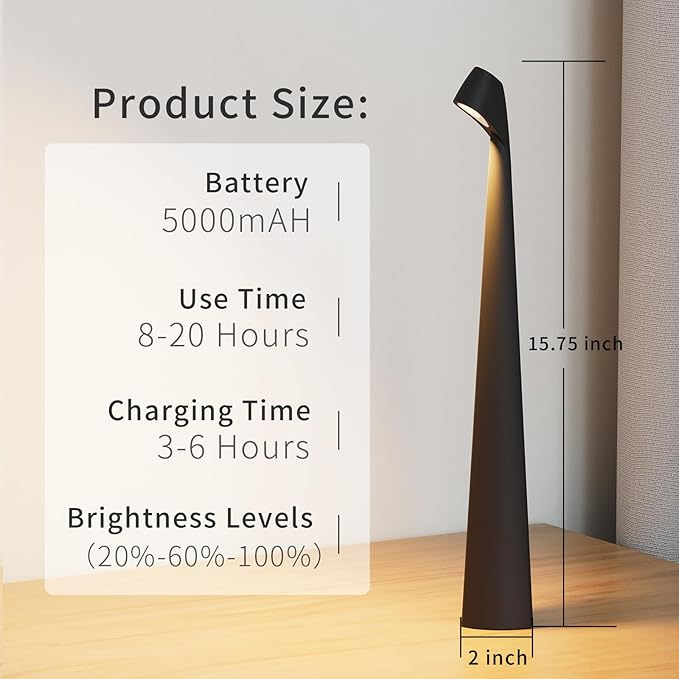 Portable Cordless LED Desk Lamp,Rechargeable Wireless Table Lamp, 3-Level Brightness, Patio Table Lamp, Bedside Night Light, Dining Room Ambient Light, Reading Light (Black)