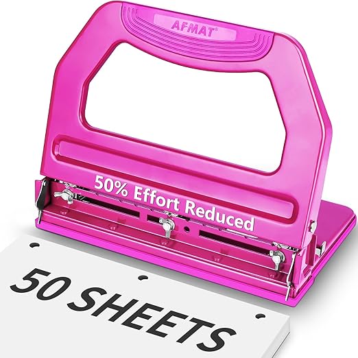 AFMAT Heavy Duty 3 Hole Punch, 50-Sheet, 50% Reduced Effort, Adjustable Two & Three Hole Punch, Metal Paper Puncher w/Large Chip Tray, Metal Paper Guide, Purple