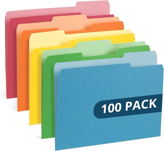 100 Blue Summit Supplies Colorful File Folders with Tabs – Multi Colored File Folders, 1/3 Cut Top Tabs, Letter Size, Durable 11pt Paper, Two Tone, Assorted Colors, Bulk 100 Pack