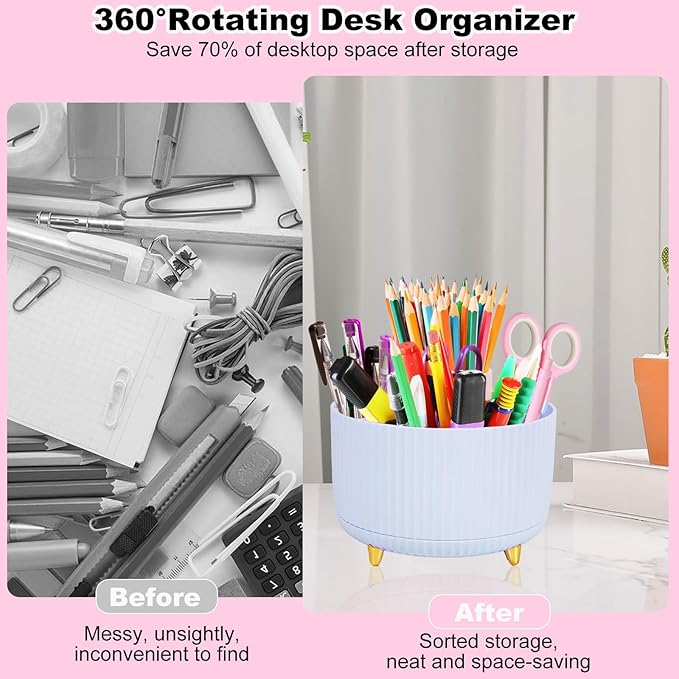 Blue Desk Organizers and Accessories 10Pcs Set with 360-Degree Rotating Pen Holder, Tape Dispenser, Stapler, Staple Remover, 1000 Staples, Tape, Clips Set, Ruler, Scissor, Pen