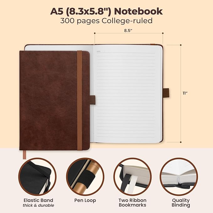 Lined Leather Bound Journal Notebook, A5 Hardcover - Brown 5.8x8.3" - Thick 300 Pages College Ruled Paper Journals for Men and Women - Personal and Professional Note Book for Writing & Journaling