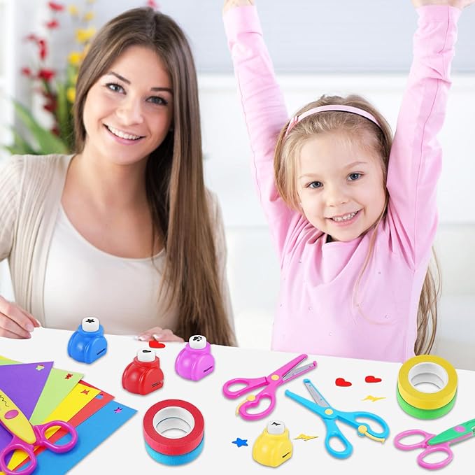 UCEC 44 Pack Scrapbook Supplies Kit, Craft Scissors Decorative Edge, Safety Scissors, Hole Punch Shapes Craft, Cardstock Paper, Washi Tapes for DIY Art, Crafts, Scrapbook, Card Making, School Supplies