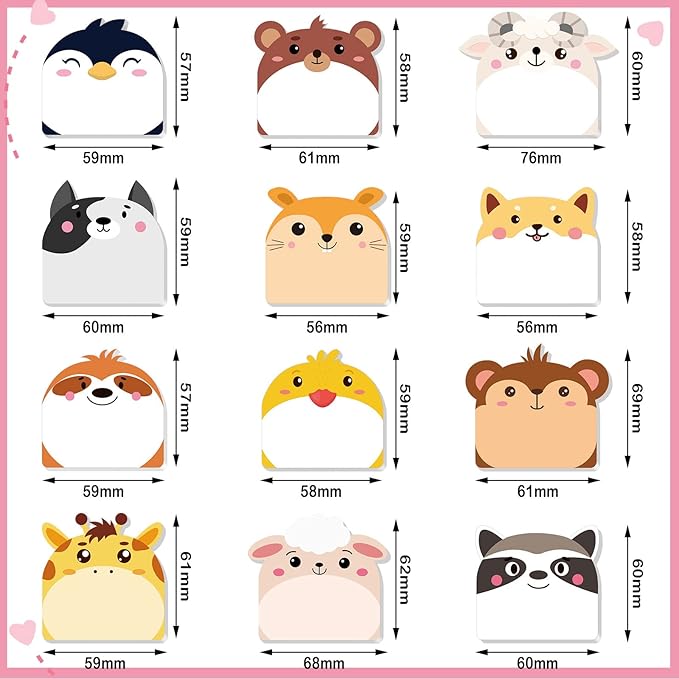 Yinder 24 Pads Cute Sticky Notes Kawaii Fun Animal Sticky Notes Pads Bulk Cartoon Memo Self Adhesive for Veterinary Gift Office School Tab Party Supplies(Multi Animals)