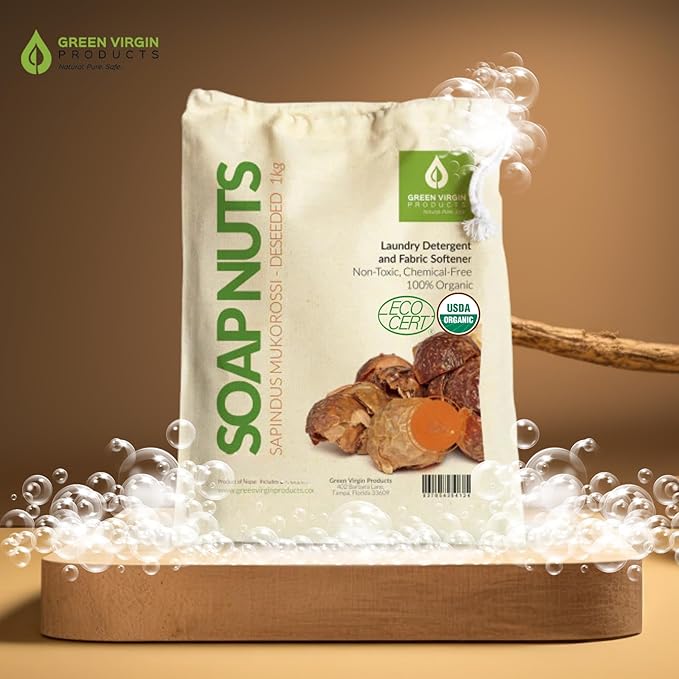 Green Virgin Soap Nuts (500 Grams=1.1 Lbs=8.8 Grams), Approx 165 Wash Loads, Includes 2 Wash Bags.