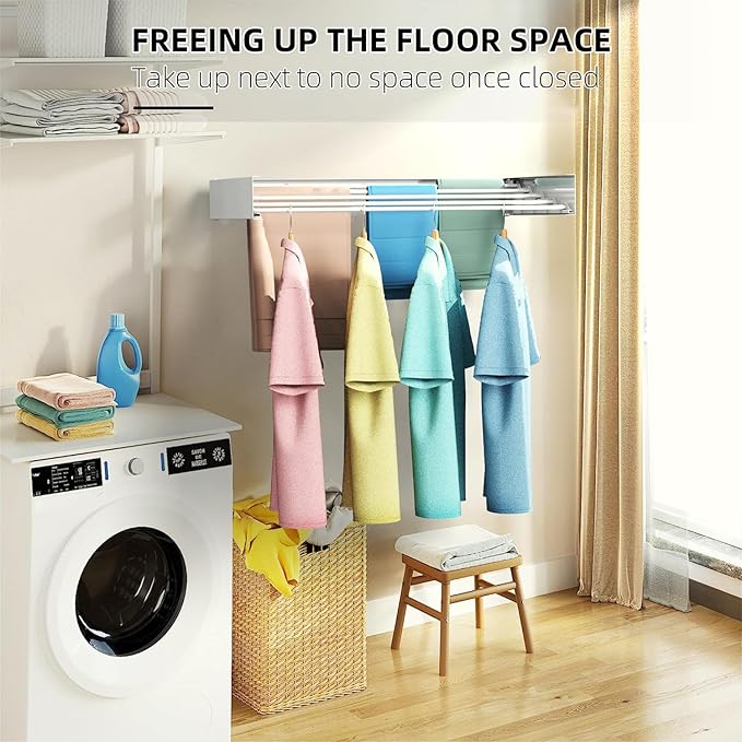 Laundry Drying Rack, Collapsible Wall Mounted Clothes Drying Rack - Drying Rack Clothing Foldable,Space Saving, 31.5" Wide, 13.2 Linear Ft, 5 Aluminum Rods, 60 lb Capacity (White, 31.5")