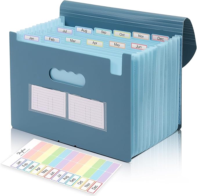 SKYDUE Accordion File Organizer, 13 Pocket File Folder Organizer with Monthly & Blank Labels, Mist Blue Document Organizer with Solid Inner Pages, Letter A4 Size for Office School