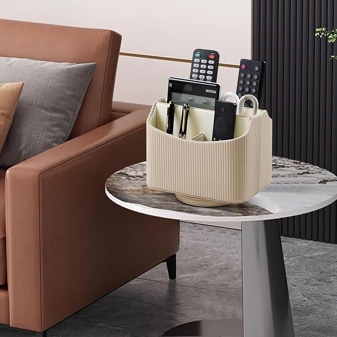 PU Leather Remote Control Holder, 360 Degree Rotating Desk Organizer Storage Table Remote Caddy, Spinning Bedside Organizer Nightstand Organizer for Desktop Office Home (Beige)