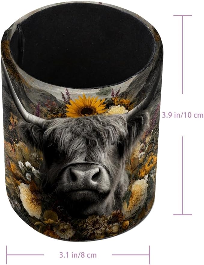 Watercolor Sunflower Yak PVC Leather Circular Pencil Holder for Desk Organizer Stationery Holder for Office, School(3.9 x 3.1 Inches)