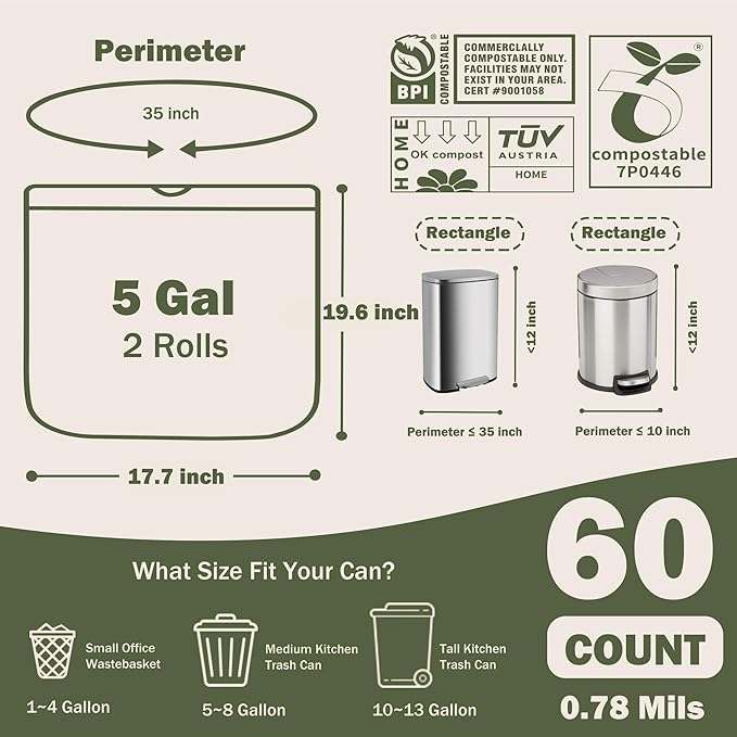JENCENBIO Compost Bags 5 Gallon with Drawstring Tear Off 20 Liter Extra Thick 0.78 Mils Compostable Food Scrap Waste Bags with US BPI ASTM D6400 and Europe OK Compost Home Certified 60 Counts