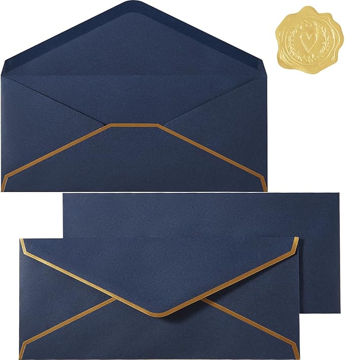 30 Pack Thick #10 Business Envelopes with Gold Border, 4 1/8 x 9 1/2 Thick Paper Standard Envelopes with Stickers for Office, Checks, Letter Mailing, Invoices (Navy Blue)