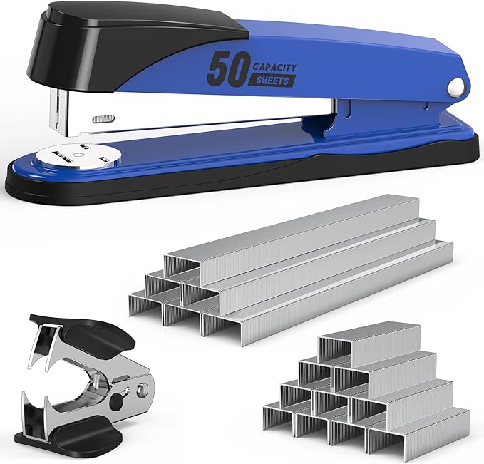 Metal Stapler Heavy Duty 50 Sheet Capacity with 1750 Staples and Staple Remover, Full Strip Staplers for Desk, No Jam, Non-Slip for Office & Classroom, Blue