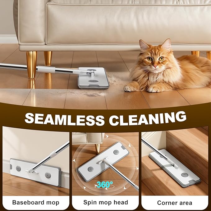 POPMOP Flat Mop and Bucket System - Mop and Bucket with Wringer Set for Home | Wet Dry Mop for Apartment, Tiny Home, Windows, Wall, Hardwood Floor, RV with 6 Reusable Microfiber Cloth