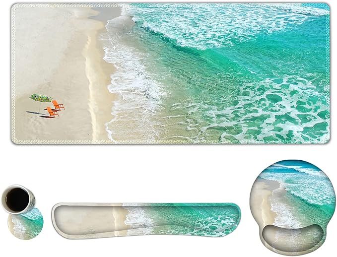 ARTSO Large Mouse Pad Ergonomic Keyboard Wrist Rest Support Combo, Non-Slip Memory Foam Gel Extended Desk Mat Protector, Ocean Beach Sunbathing