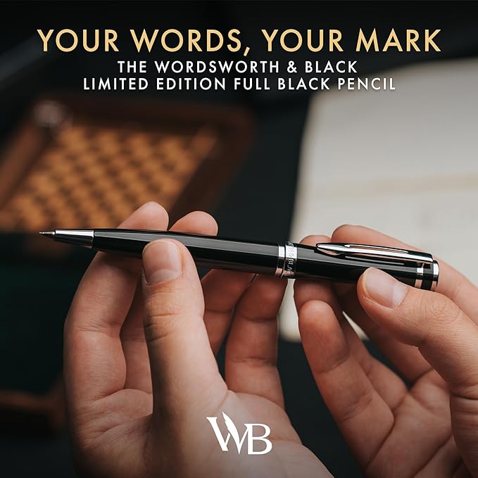 Wordsworth and Black Mechanical Pencil Graphite Lead- Stunning Luxury Metal Pencil, Black Lacquer Chrome Finish, 0.7mm Led, Best Gift Set for Men & Women, Professional Executive Office Pencils
