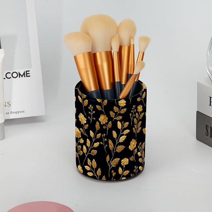 Leather Pen Holder for Desk Floral Golden Pencil Cup Desktop Organizer Makeup Brush Holders Office Supplies for Home, Kids & School
