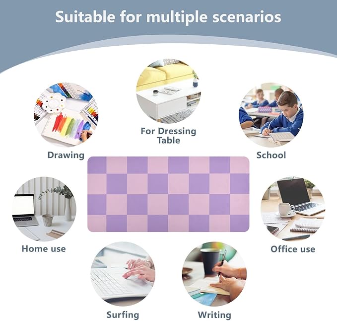 Mouse Pad Desk Mat Leather Desk Pad Large Gaming Desk Cover Protector Mat for Keyboard Computer Laptop Office Waterproof 47.2 x 23.6 Inch Checkered Purple