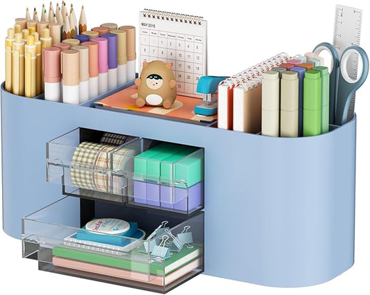 Marbrasse Desk Organizer Pen Holder for Desk with 3 Drawers, Multi-Functional Pencil Holder, Desk Organizers and Accessories with 7 Compartments for Home, School, Classroom(Blue)