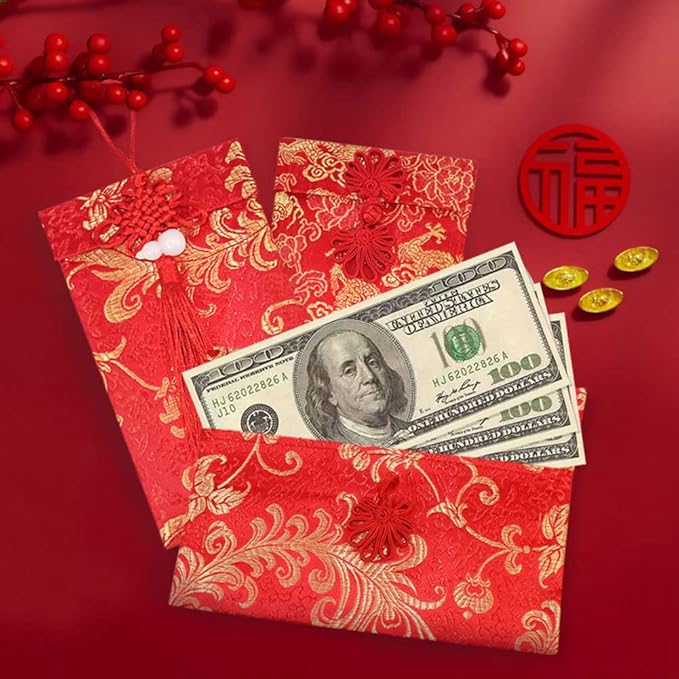 4 Pieces Silk Red Envelope Chinese Red Pocket Lucky Money Hong Bao Card Envelope for Spring Festival Wedding New Year Birthday, 4 Styles with Chinese Knot Jade Pendant Copper Coin (4)