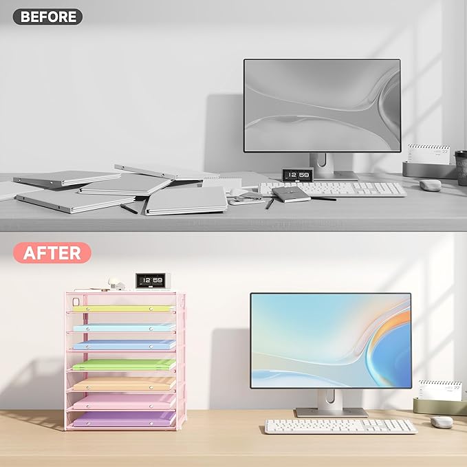 Paper Organizer with Handle Metal Mesh File Sorter Large Capacity Desk Organizers Paper Letter Tray Desktop Document Sorter for Office or Home2 Pack 8 Tier Pink Storage for Desk