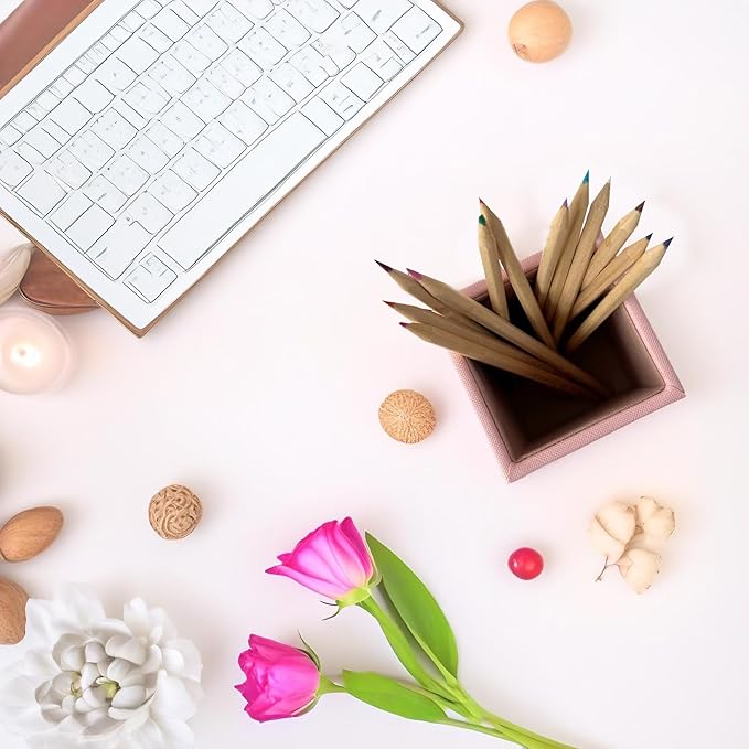 UnionBasic Square Pen Holder, Leather Pencil Cup, Desktop Caddy Stationery Organizer, Taiga Pattern Leather, Pink