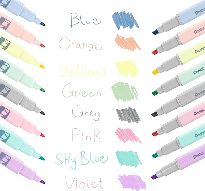 Pentel Illumina Flex Twin Tip Highlighter, Dual-Tip Marker Highlighter, Flex Tip and Chisel, 8 Asstorted Pastel Ink Colors, Pack of 8 (SLW11P-8E)