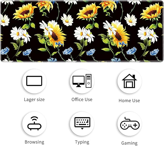 Large Gaming Mouse Pad with Stitched Edges, Desk Pad Protector, Computer Keyboard Mouse Mat Non-Slip Cute Desk Decor for Home/Office/Study Accessories+ Coaster, Sunflowers Daisy