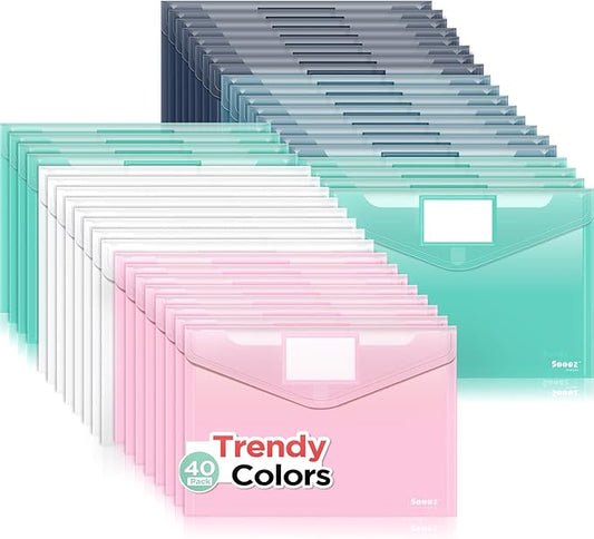 Sooez 40 Pack Plastic Envelopes, Plastic File Folders, Clear Folders for Documents Trendy Colors, Super Heavyweight Document Holders, Storage Pouches, File Envelopes for School Office Supplies