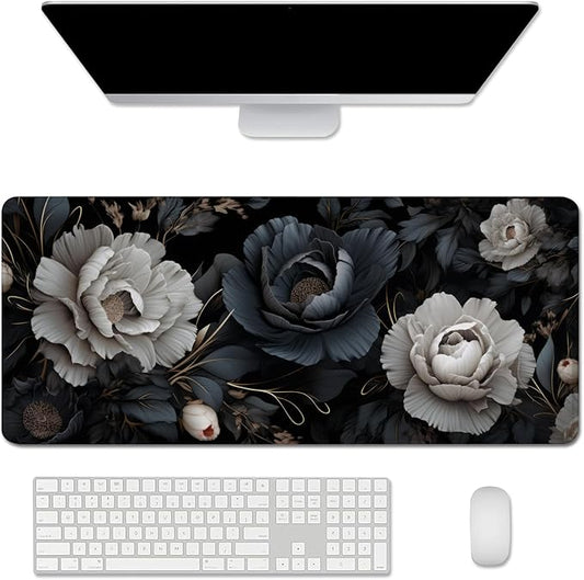 Black and White Mouse Pad,Floral Mouse Pad Desk Mat,Large Mousepad Aesthetic Mouse Pads Desk pad - Non-Slip Stitched Edges & Rubber Base for Office, Gaming Room, Computer, Laptop