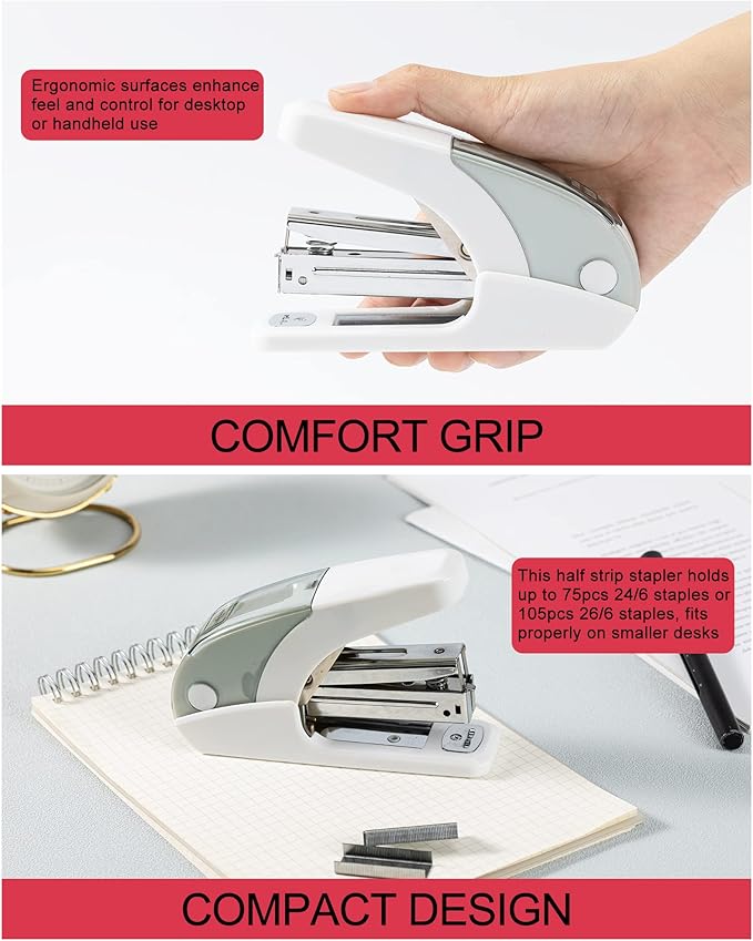 PAPERPAL Effortless Standard Stapler Set, 20 Sheet Capacity, Half Strip with Built-in Staples Storage, Includes 1000 pcs 1/4“ Staples & A Staple Remover, for Office, School & Personal Use, White