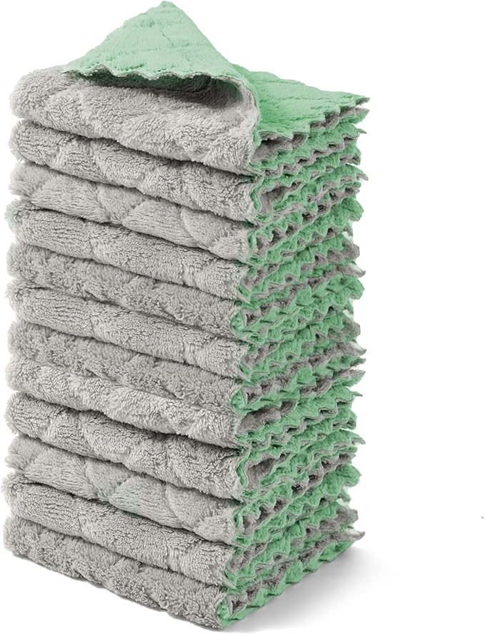 12 Pack Dish Towels, 10x10 in Premium Dish Cloths, Super Absorbent Kitchen Towels Coral Velvet Dishcloths Nonstick Oil Fast Drying Washcloths (Green-Grey)