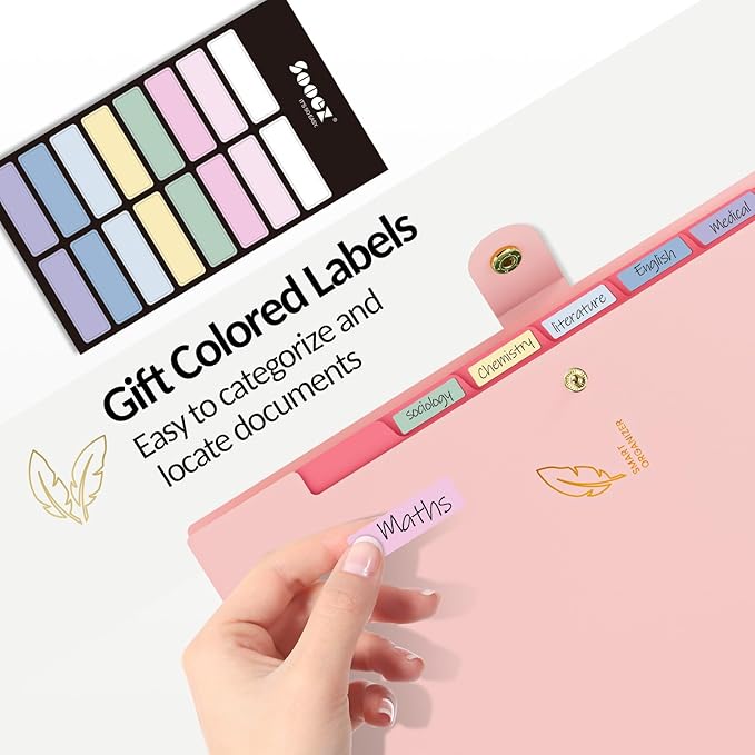 Sooez Aesthetic 8 Pocket Accordion File Organizer, Pastels Expanding File Folder for Important Document with Labels, Portable Receipt Bill Paper Organizer for Office School Supplies, Letter Size Pink