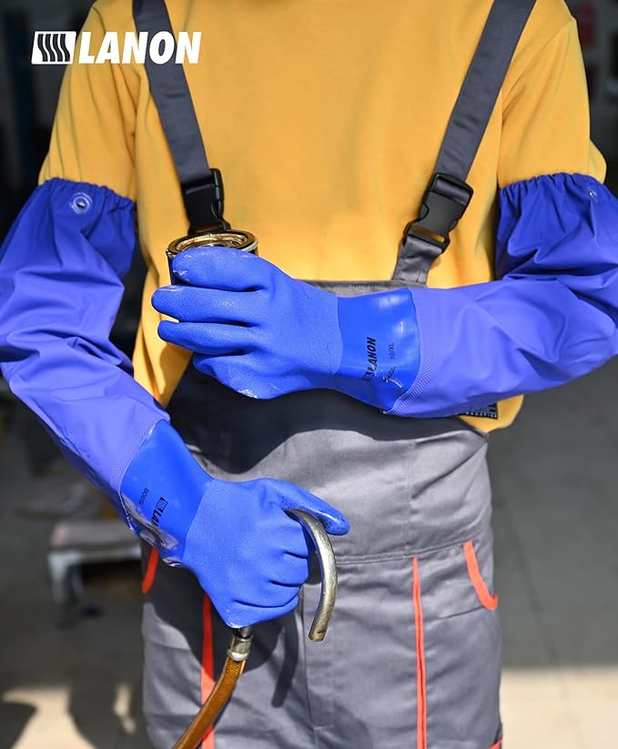 LANON 3 Pairs 26" Elbow Length PVC Chemical Resistant Gloves, Heavy-Duty Long Rubber Gloves, Acid, Alkali & Oil Protection, Large